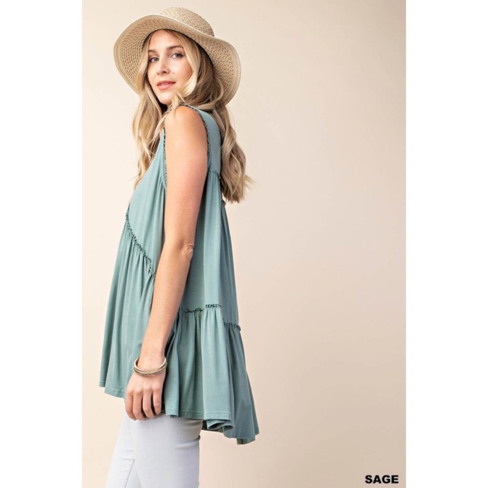 SOLD OUT Sage Soft Frilly Ruffle Raw Edge V-Neck Solid Casual Swing Sleeveless - Picture 3 of 3